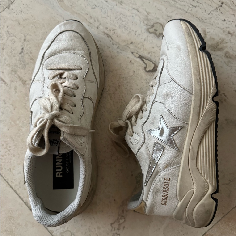 Golden Goose White and Silver Sneakers